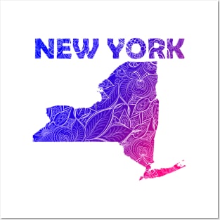 Colorful mandala art map of New York with text in blue and violet Posters and Art